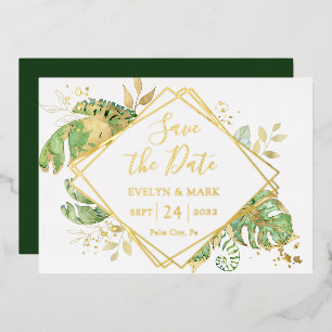 Invitation En Aluminium Huile d'or de feuillage tropical Économisez la dat