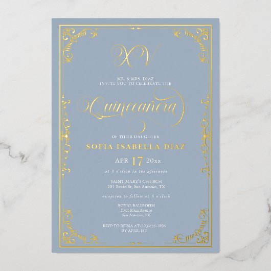 Invitation En Aluminium Huile d'or Dusty Blue Quinceañera (Recto)