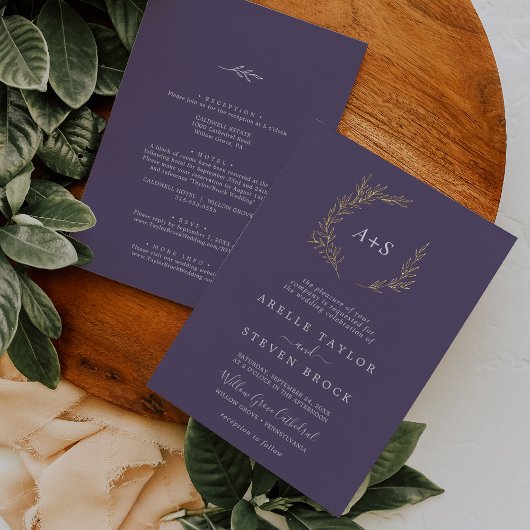 Invitation En Aluminium Huile D'Or Purple Feuille Minimale Tout En Un Mari