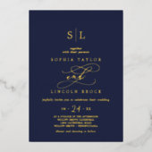 Invitation En Aluminium Huile d'or romantique | Mariage de monogramme bleu (Recto)