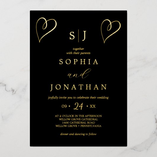 Invitation En Aluminium Huile d'or romantique | Mariage de monogramme noir (Recto)