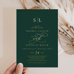 Invitation En Aluminium Huile d'or romantique | Mariage Emerald Monogram<br><div class="desc">Ce romantique faire-part de mariage de monogramme émeraude de feuille d'or est parfait pour un simple mariage. Le design classique moderne comprend des tourbillons fantaisistes et des fleurs fantaisistes avec une superbe élégante typographie en feuille d'or estampillée à la main sur un arrière - plan vert émeraude foncé.</div>