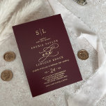 Invitation En Aluminium Huile d'or romantique | Mariage Monogram Bourgogne<br><div class="desc">Ce faire-part de mariage monogramme romantique en feuille d'or bordeaux est parfait pour un simple mariage. Le design classique moderne présente des tourbillons fantaisistes et des fleuris fantaisistes avec une superbe élégante typographie estampillée à la main en feuille d'or sur un arrière - plan bordeaux.</div>