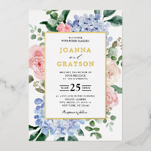Invitation En Aluminium Hydrangées bleu pâle rose pastel mariage