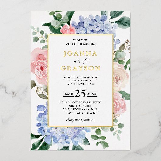 Invitation En Aluminium Hydrangées bleu pâle rose pastel mariage (Recto)