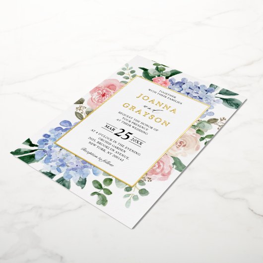 Invitation En Aluminium Hydrangées bleu pâle rose pastel mariage (Rotation)