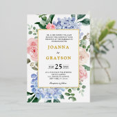 Invitation En Aluminium Hydrangées bleues poussiéreuses roses pastel maria (Debout devant)