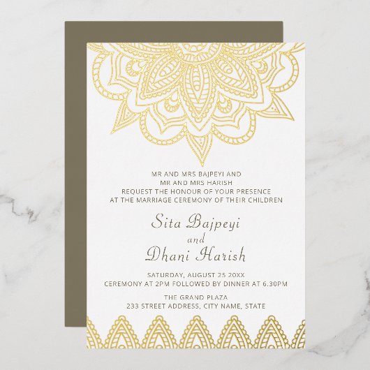 Invitation En Aluminium Indien Mehndi Hindu élégant Mariage élégant or (Recto/Verso)