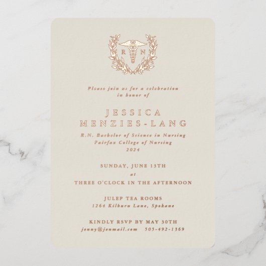 Invitation En Aluminium Infirmière inscrite en ivoire Caduceus+Laurel Wrea (Recto)