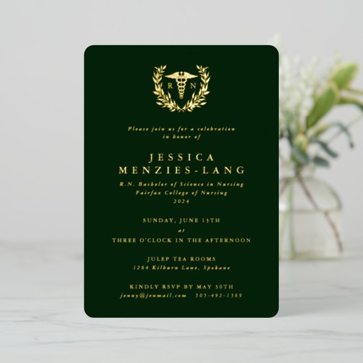 Invitation En Aluminium Infirmière inscrite verte Caduceus+Laurel Wreath (Debout devant)