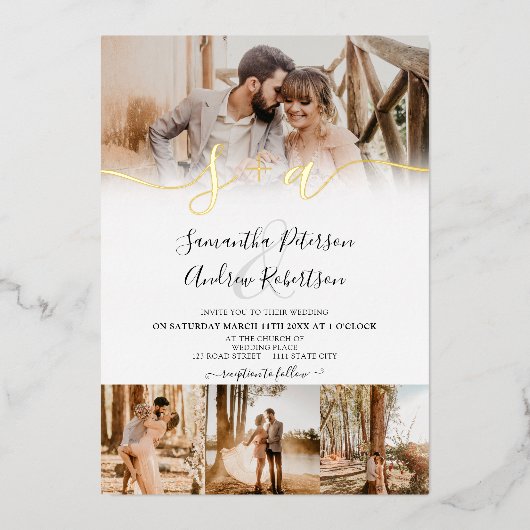 Invitation En Aluminium Initiales blanches modernes script 5 photos mariag (Recto)