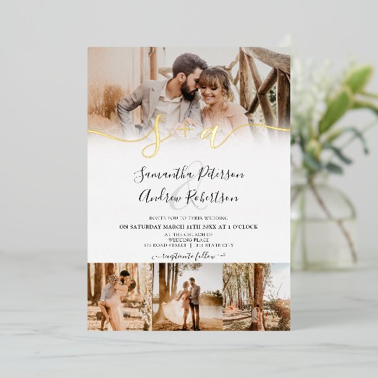 Invitation En Aluminium Initiales blanches modernes script 5 photos mariag (Debout devant)