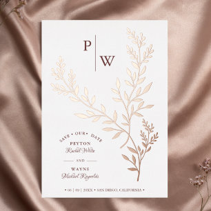 Invitation En Aluminium Initiales Branches Botaniques Luxueuses en Or Rose