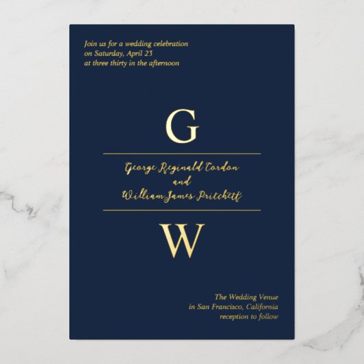 Invitation En Aluminium Initiales de la Marine et de l'or Mariage informel (Recto)