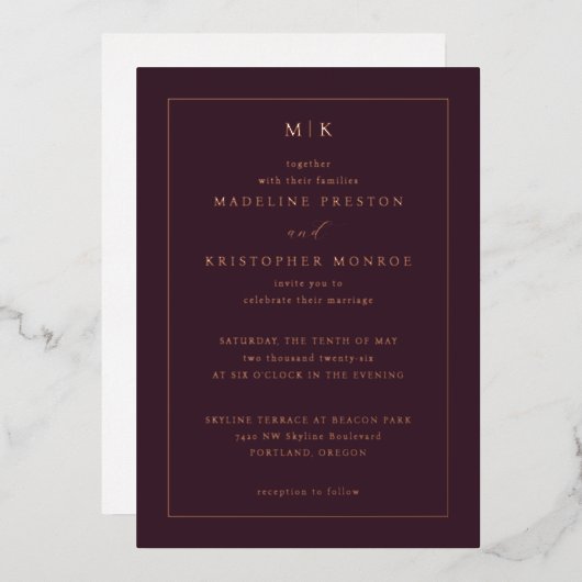 Invitation En Aluminium Initiales Marron Élégantes Dorées (Recto/Verso)