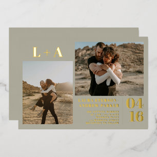 Invitation En Aluminium Initiales minimalistes vert or 2 photos mariage