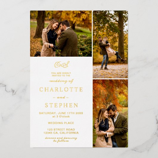 Invitation En Aluminium Initiales modernes 4 photos grille or mariage (Recto)