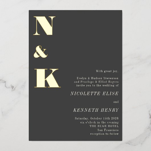 Invitation En Aluminium Initiales Monogrammes modernes Noir Gras Mariage O (Recto)
