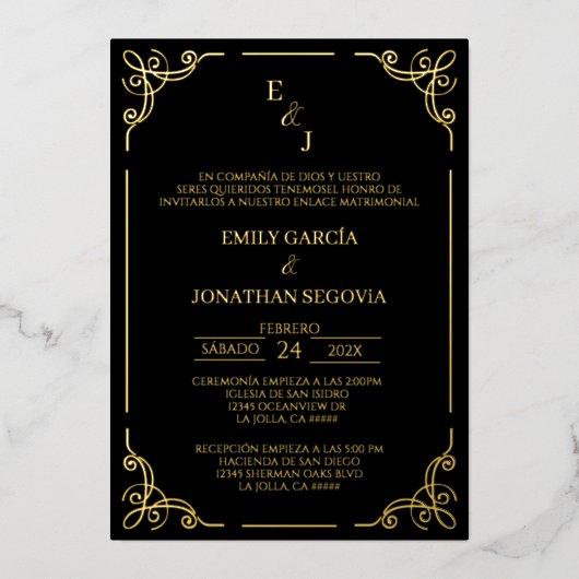 Invitation En Aluminium Invitación de boda negro y oro gold foil  (Recto)
