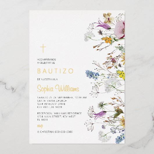 Invitation En Aluminium Invitación de Flores Silvestres para Bautizo (Recto)