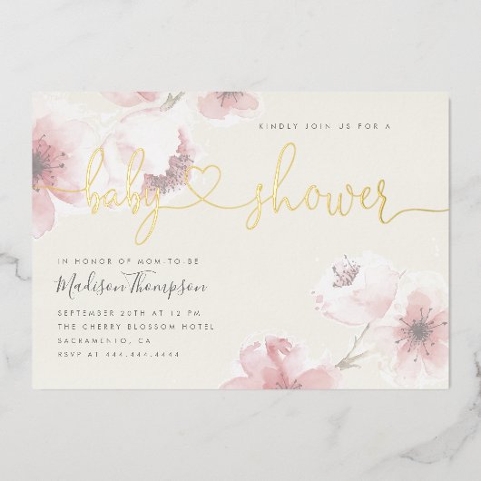 Invitation En Aluminium Ivoire | Baby shower floral en fleurs de cerisier (Recto)