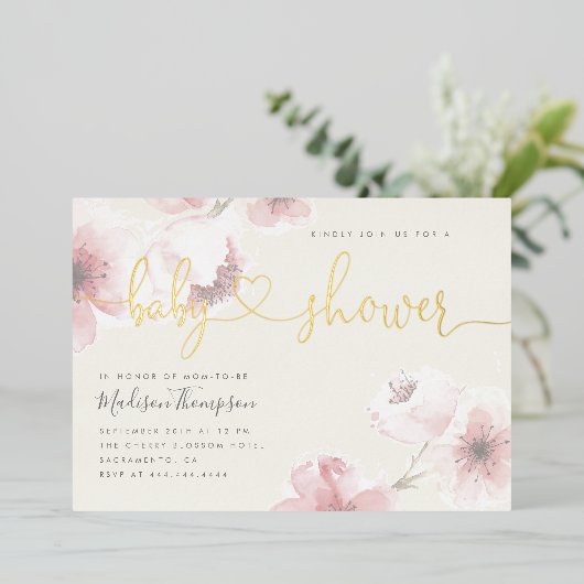 Invitation En Aluminium Ivoire | Baby shower floral en fleurs de cerisier (Debout devant)