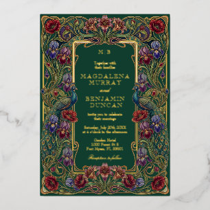 Invitation En Aluminium Jardin de paons floral émeraude coloré de mariage
