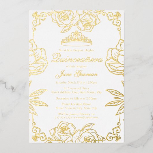 Invitation En Aluminium Jardin de Rose d'or blanc Quinceanera (Recto)