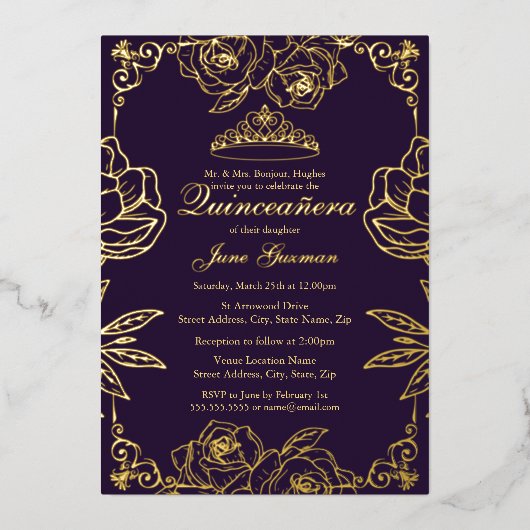 Invitation En Aluminium Jardin de Rose d'or pourpre Quinceanera (Recto)