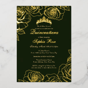 Invitation En Aluminium Jardin de roses en or émeraude pour Quinceanera