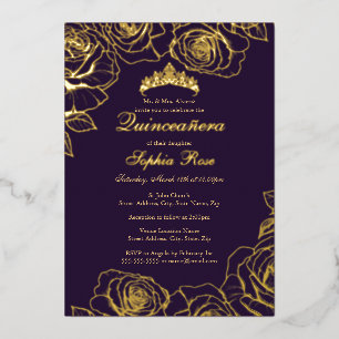 Invitation En Aluminium Jardin de roses Gold Purple Quinceanera