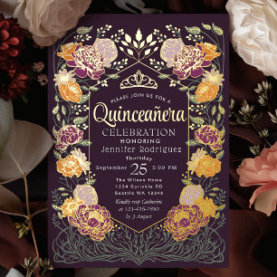Invitation En Aluminium Jardin Floral Enchanté Violet Quinceanera