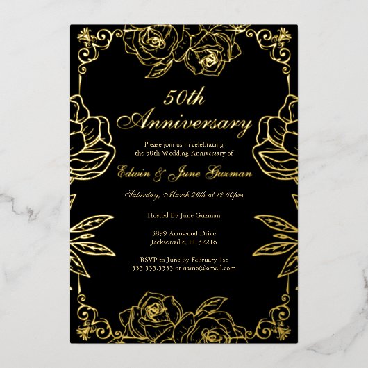 Invitation En Aluminium Jardin Rose d'or noir 50e anniversaire de Mariage (Recto)