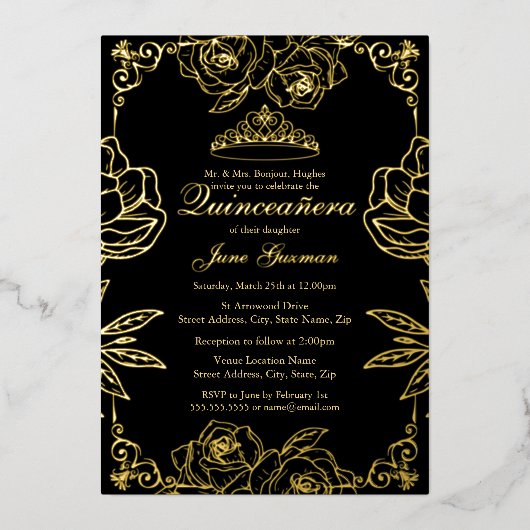 Invitation En Aluminium Jardin Rose en or noir Quinceanera (Recto)