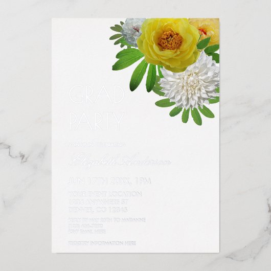 Invitation En Aluminium Jaune & Blanc Floral Graduation Party (Recto)