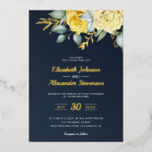 Invitation En Aluminium Jaune fleurie classe verdure bleu marine mariage (Recto)