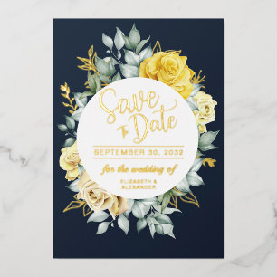 Invitation En Aluminium Jaune floral élégant bleu marine mariage Date à sa