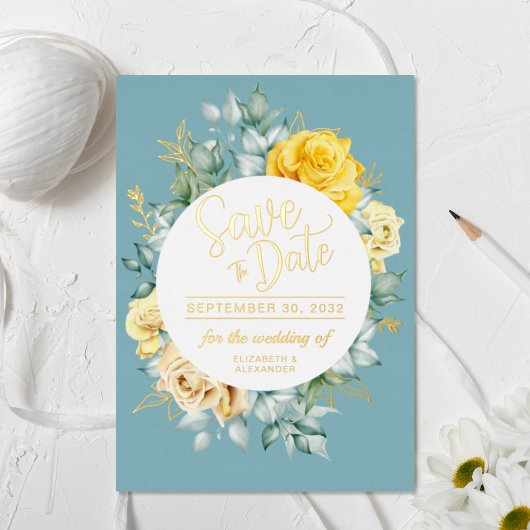 Invitation En Aluminium Jaune floral élégant bleu poussiéreux date de mari