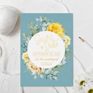 Invitation En Aluminium Jaune floral élégant bleu poussiéreux mariage Sauv