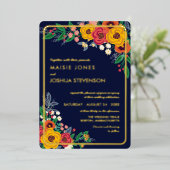 Invitation En Aluminium Jaune or Floral Marine Boho Bouquet Or (Debout devant)