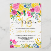 Invitation En Aluminium Jaune rose brillant script or floral Sweet 16 (Recto)