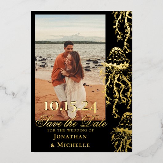 Invitation En Aluminium Jellyfish Gold Foil Beach Photo Enregistrer la dat (Recto)