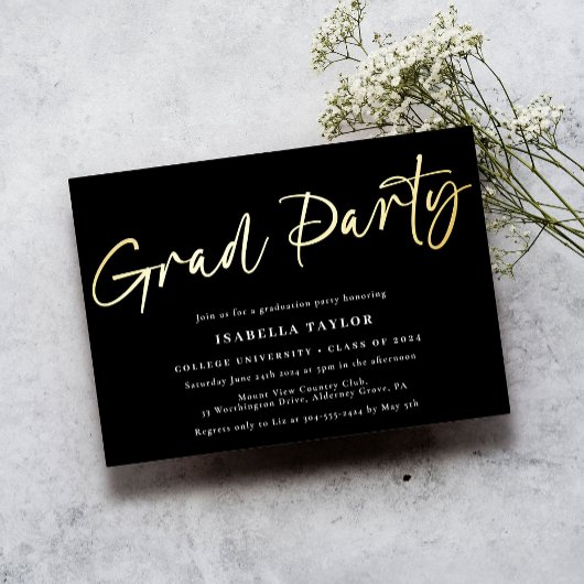 Invitation En Aluminium Jeu de graduation Black Gold Script moderne
