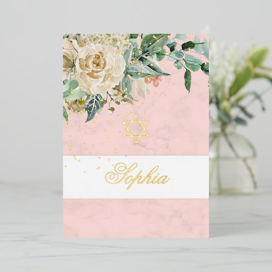 Invitation En Aluminium Jeune fille juive Gold Baby Nommer rose Roses Reli (Debout devant)