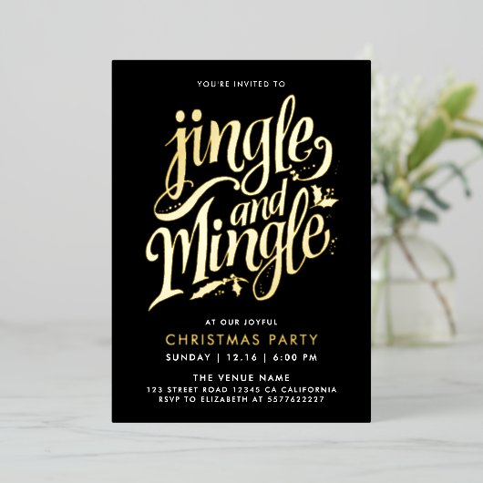Invitation En Aluminium Jingle Et Mingle Stylish Black Gold Calligraphie (Debout devant)