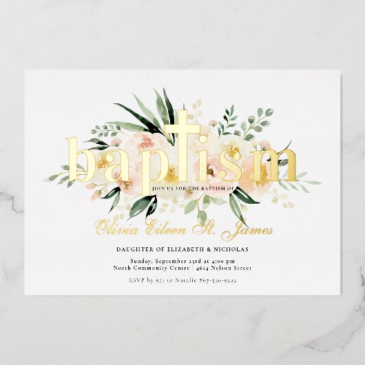 Invitation En Aluminium Joli floral | Photo Baptême rose et or (Recto)