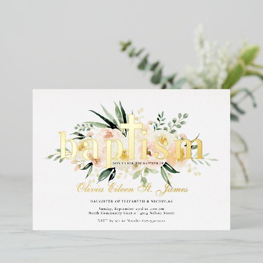 Invitation En Aluminium Joli floral | Photo Baptême rose et or (Debout devant)