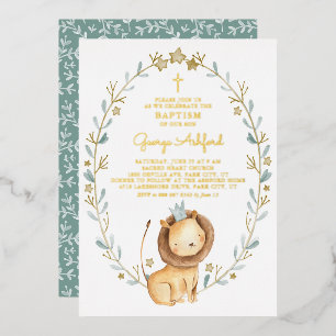 Invitation En Aluminium Joli lion prince aquarelle baptême bébé garçon