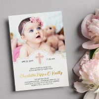 Jolie Croix Rose Script Photo Fille Baptême Feuill