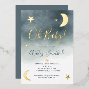 Invitation En Aluminium Jolie lune dorée étoiles bleu aquarelle baby showe